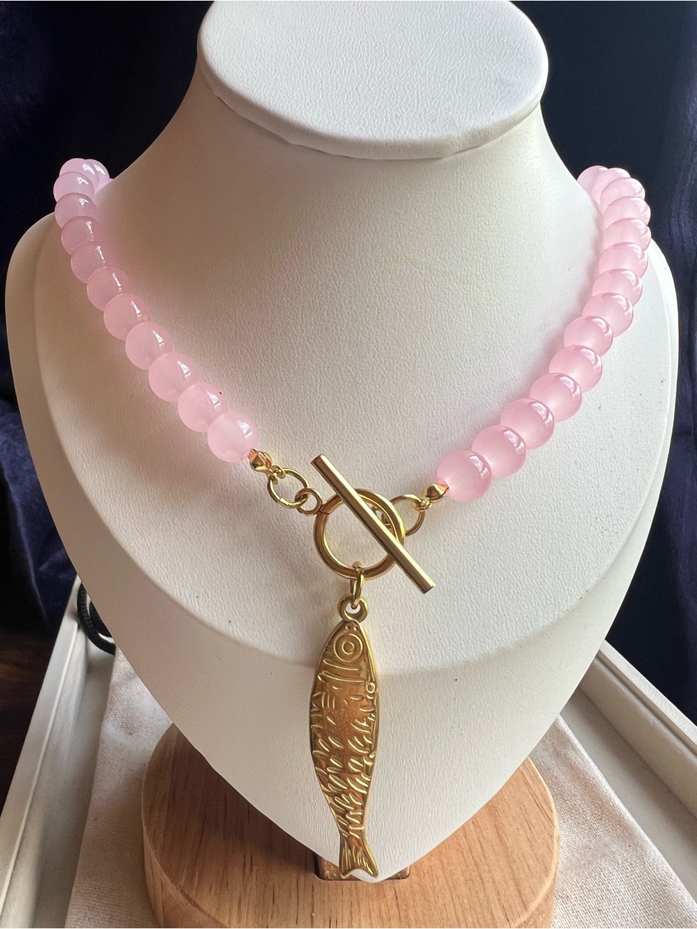 MAYAMAR Pink Glass Beaded Necklace with Gold Fish Pendant NWOT
